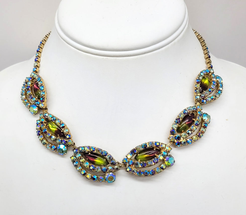 Thumbnail: Vintage Signed Hobe Rhinestone Green/Purple Givre & Aurora Borealis Necklace