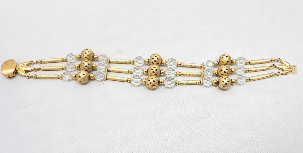Thumbnail: Vintage 1950s Signed Napier 3-Strand Goldtone & Clear Beaded Bracelet