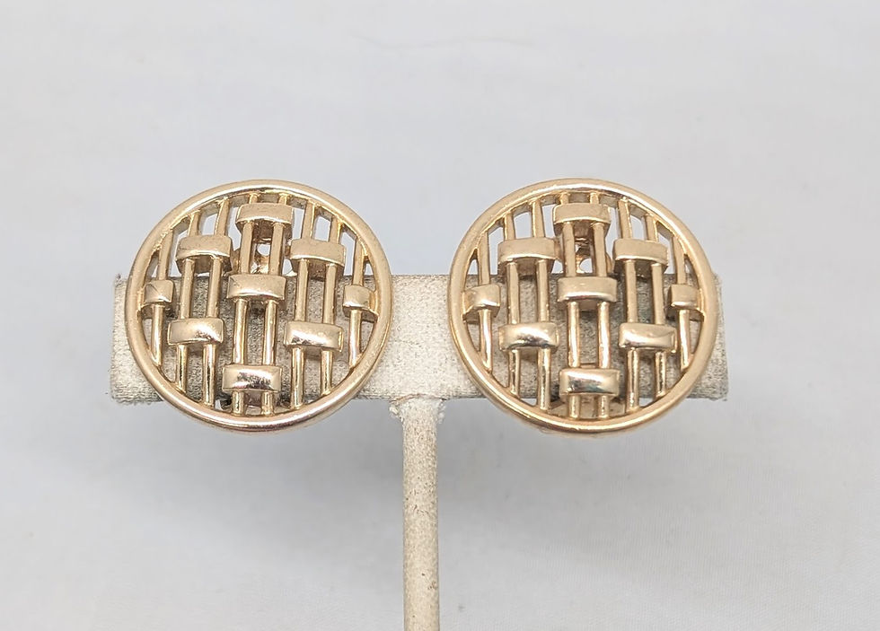 Thumbnail: Vintage Signed Crown Trifari Round Goldtone Lattice Clip Earrings, 1956 Ad Piece