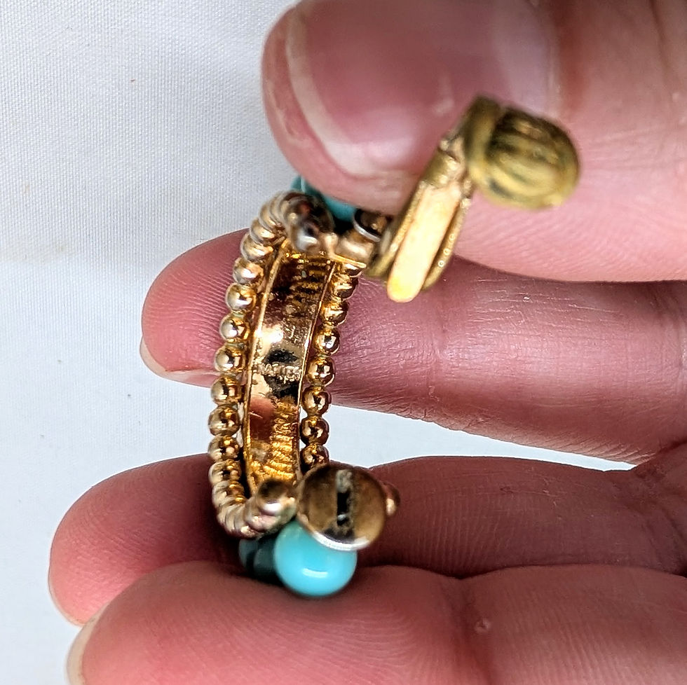 Thumbnail: Vintage 1950s Signed Napier Goldtone Faux-Turquoise Hoop Clip Earrings