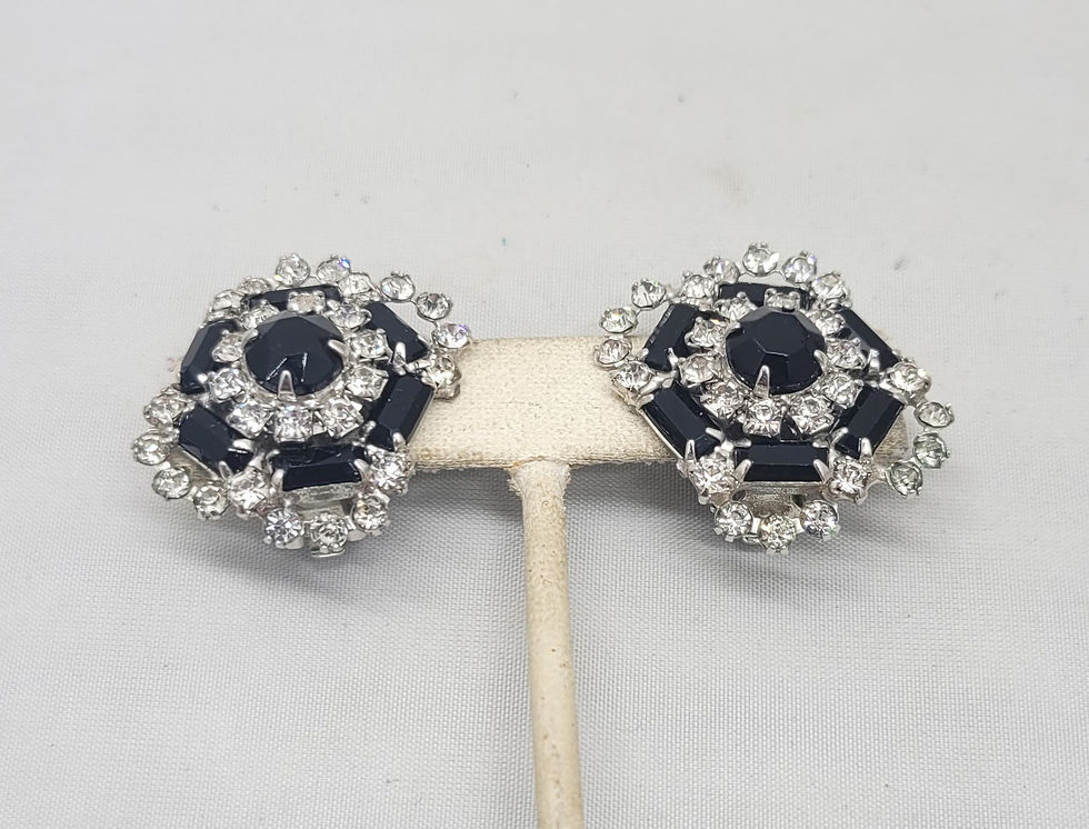 Thumbnail: Vintage Signed Hattie Carnegie Faux-Onyx & Clear Rhinestone Clip Earrings