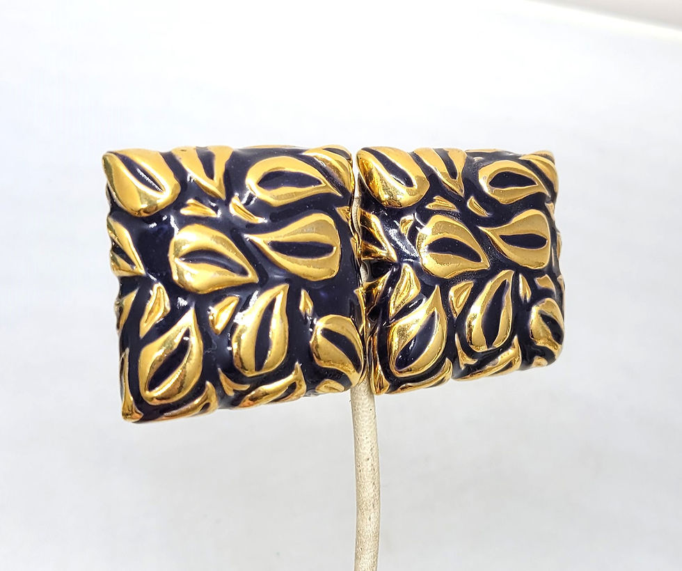 Thumbnail: Vintage Signed Escada Square Goldtone & Blue Enamel Clip Earrings