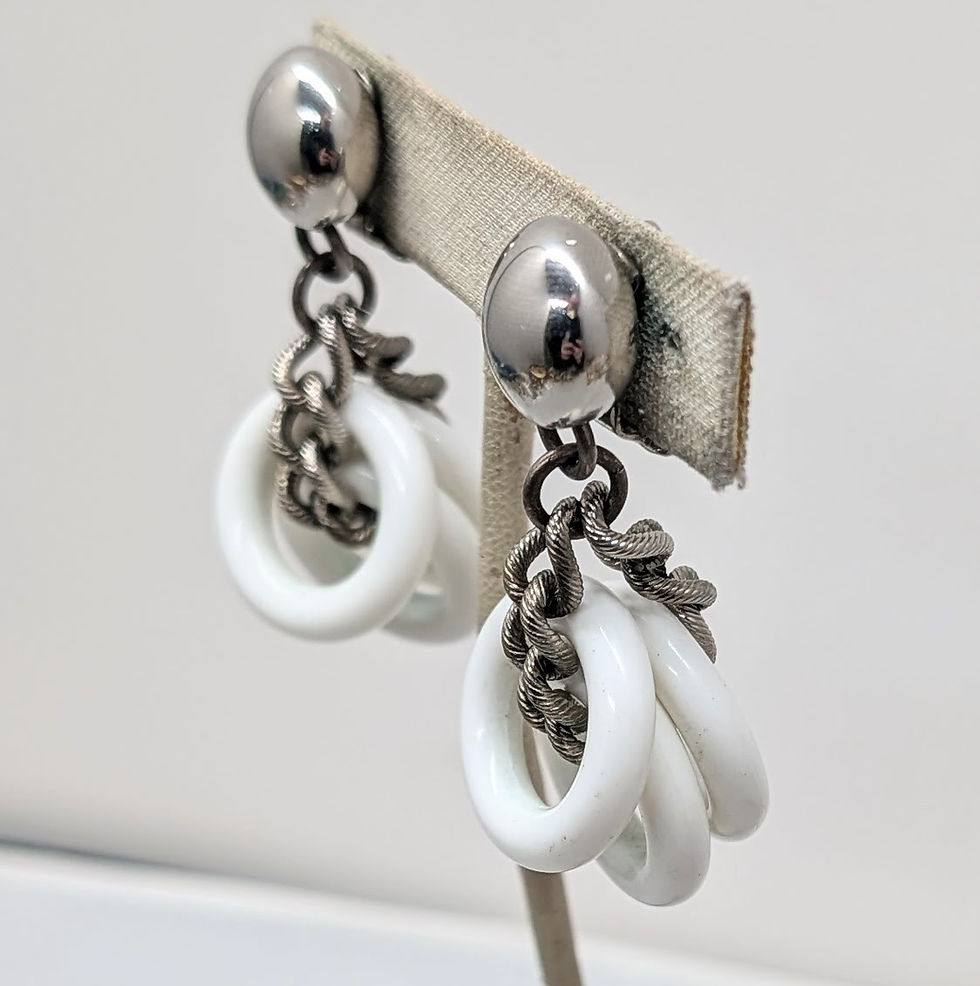 Thumbnail: Vintage 1950s Signed Napier Silvertone White Resin Hoop Drops Clip Earrings