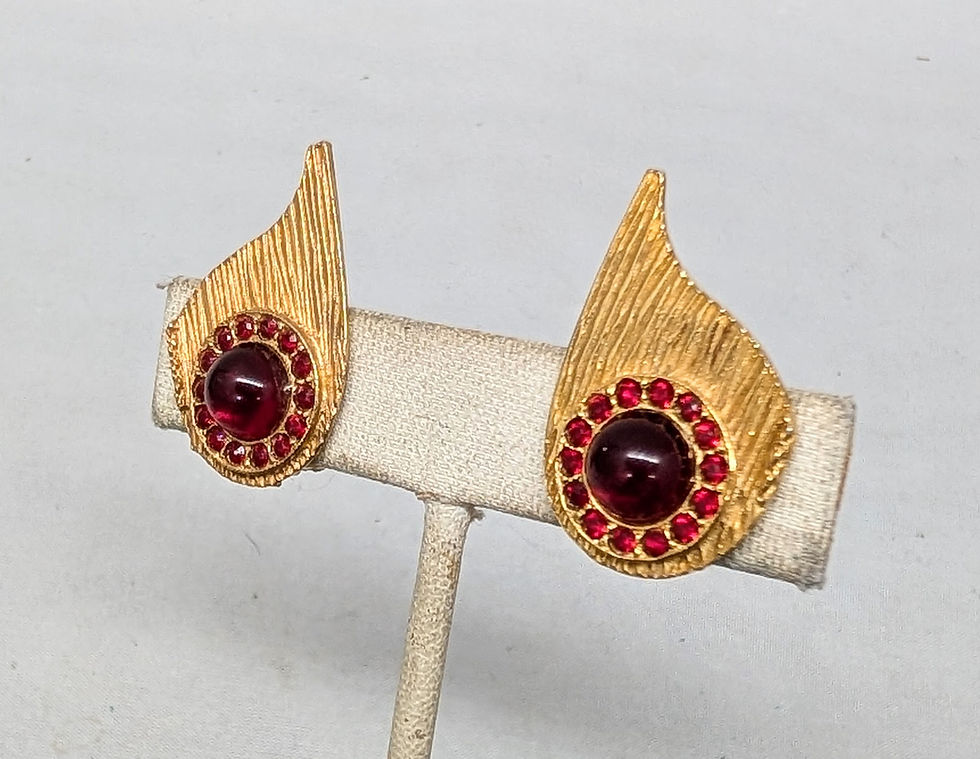 Thumbnail: Vintage Signed Mosell Goldtone Faux-Garnet Clip Earrings