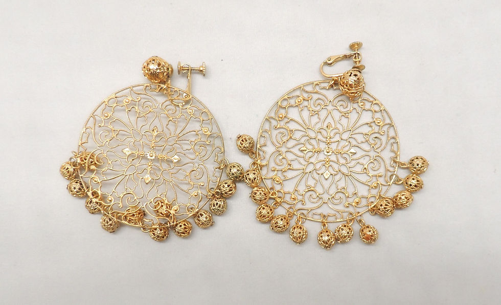 Thumbnail: Vintage Signed Napier Goldtone Round Filigree With Drops Clip Earrings, 1973