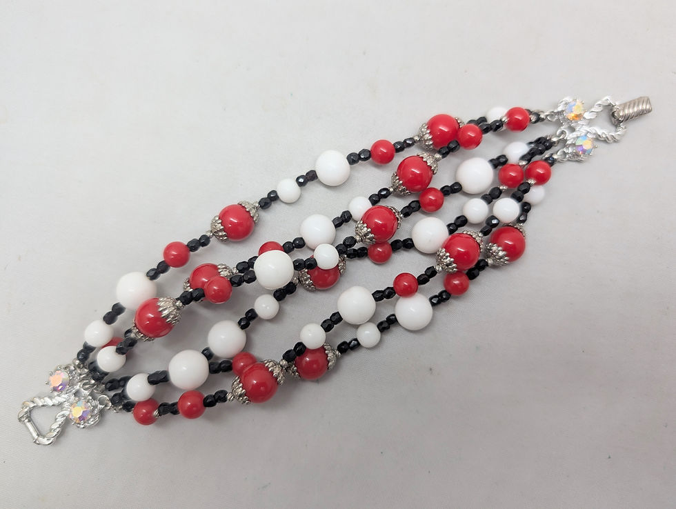 Thumbnail: Vintage 1960s Signed Vendome Red, White & Black Beaded Bracelet