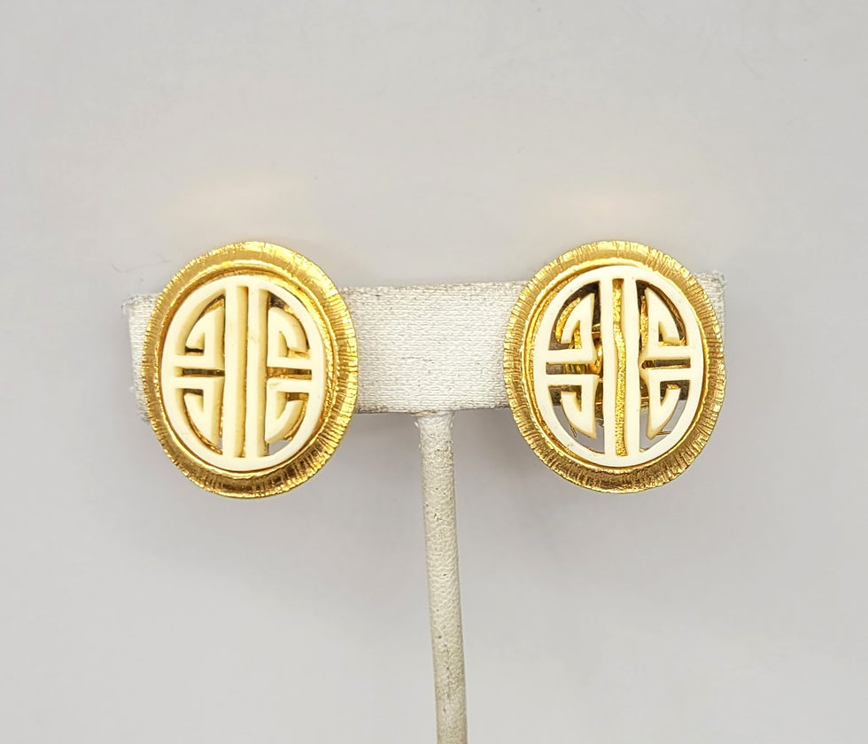 Thumbnail: Vintage 1970s Signed Vendome Oval Asian Style Clip Earrings