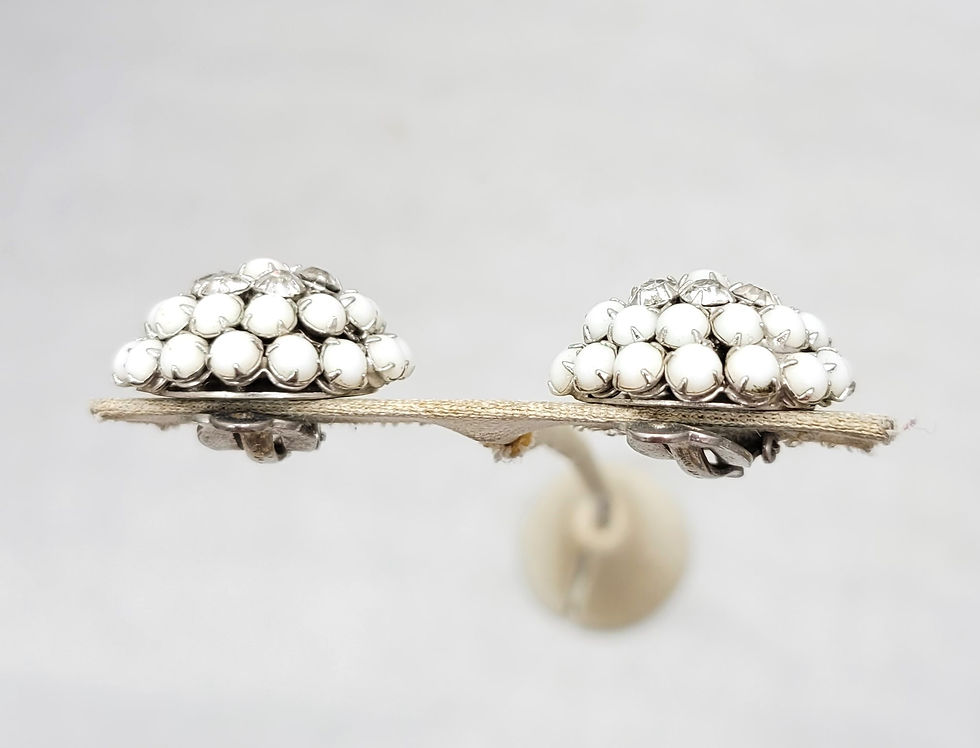 Thumbnail: Vintage Signed Kramer Rhodium Plated Round Domed White Cabochon Clip Earrings