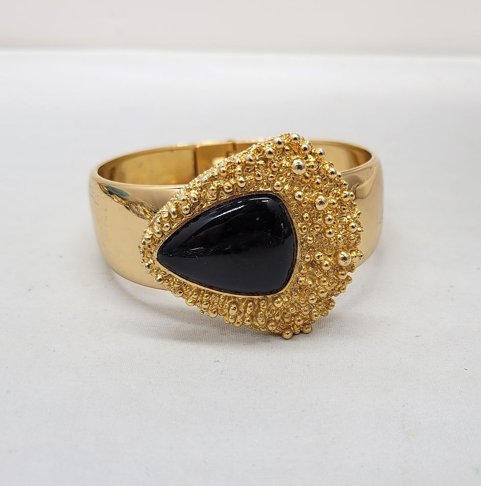 Thumbnail: Vintage Signed Napier Modernist Goldtone Black Resin Cuff Bracelet 1973 Ad Piece