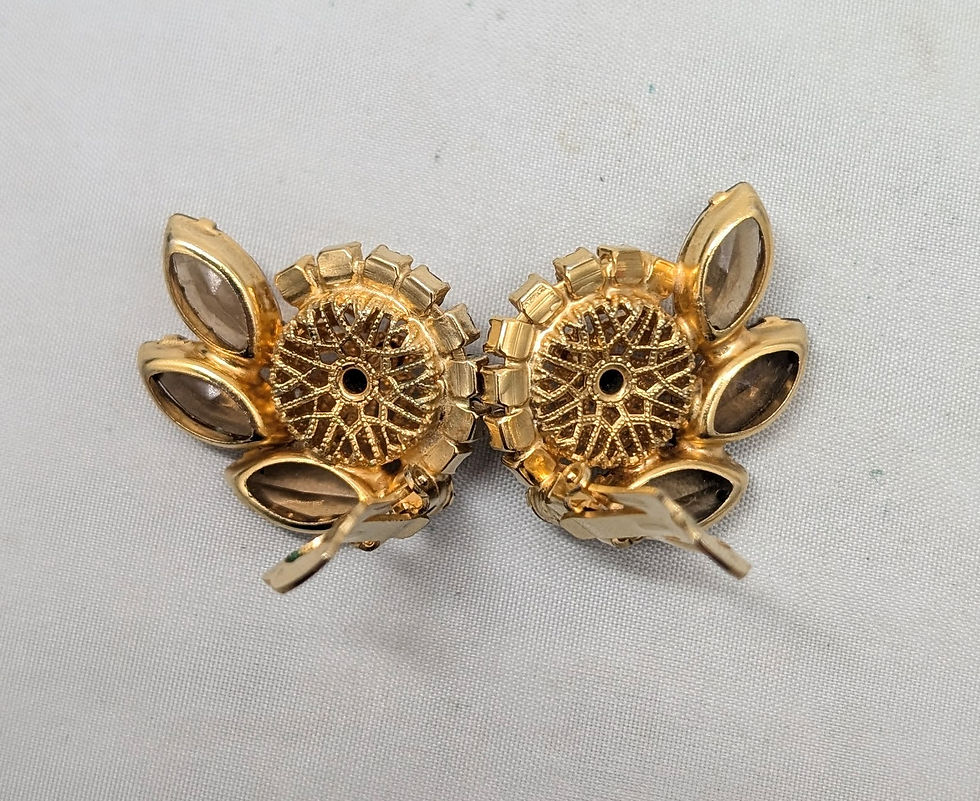 Thumbnail: Vintage Delizza & Elster Filigree Faux-Topaz & Aurora Borealis Clip Earrings
