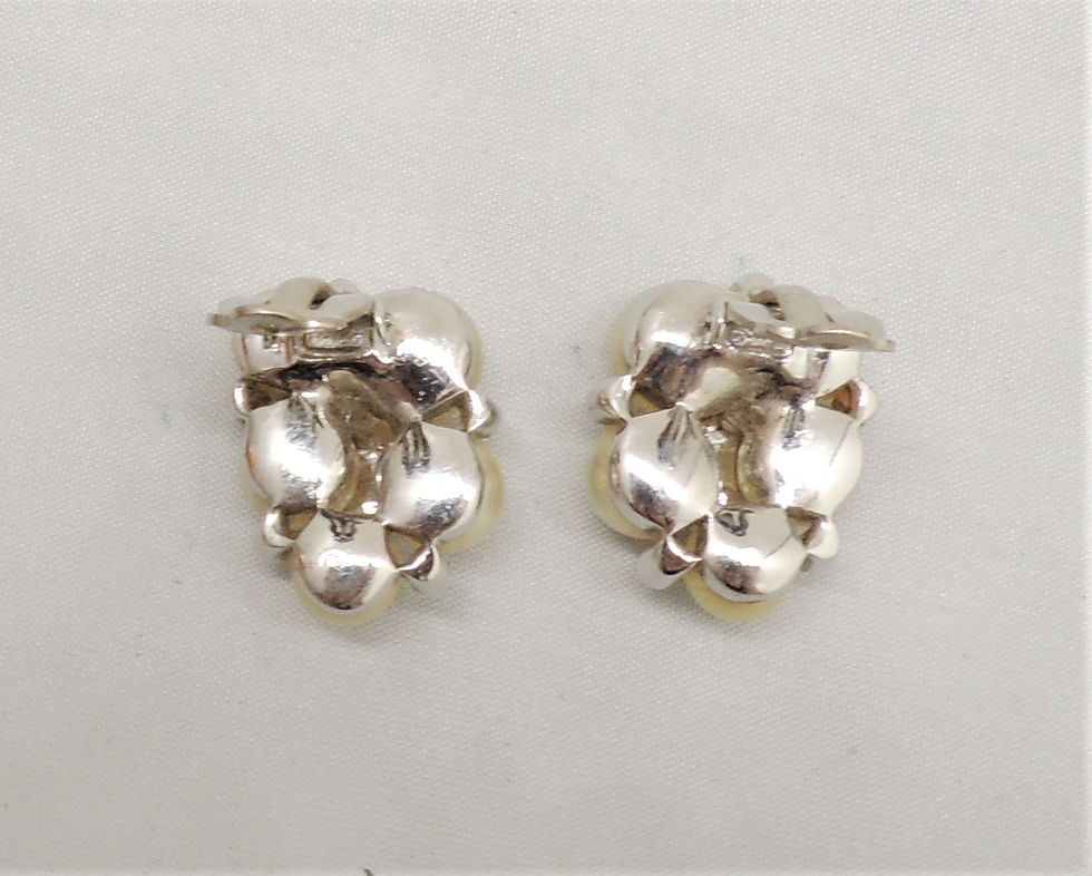 Thumbnail: Vintage Signed Jomaz Rhodium Plated Faux-Pearl & Clear Rhinestone Clip Earrings