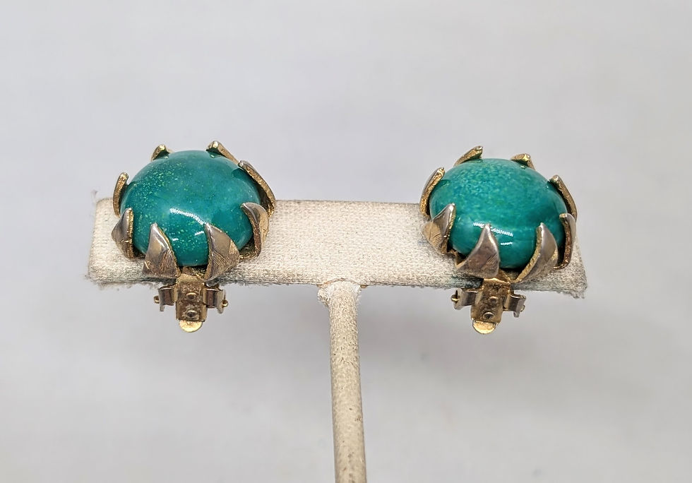 Thumbnail: Vintage 1970s Signed Kramer Green Cabochon Clip Earrings