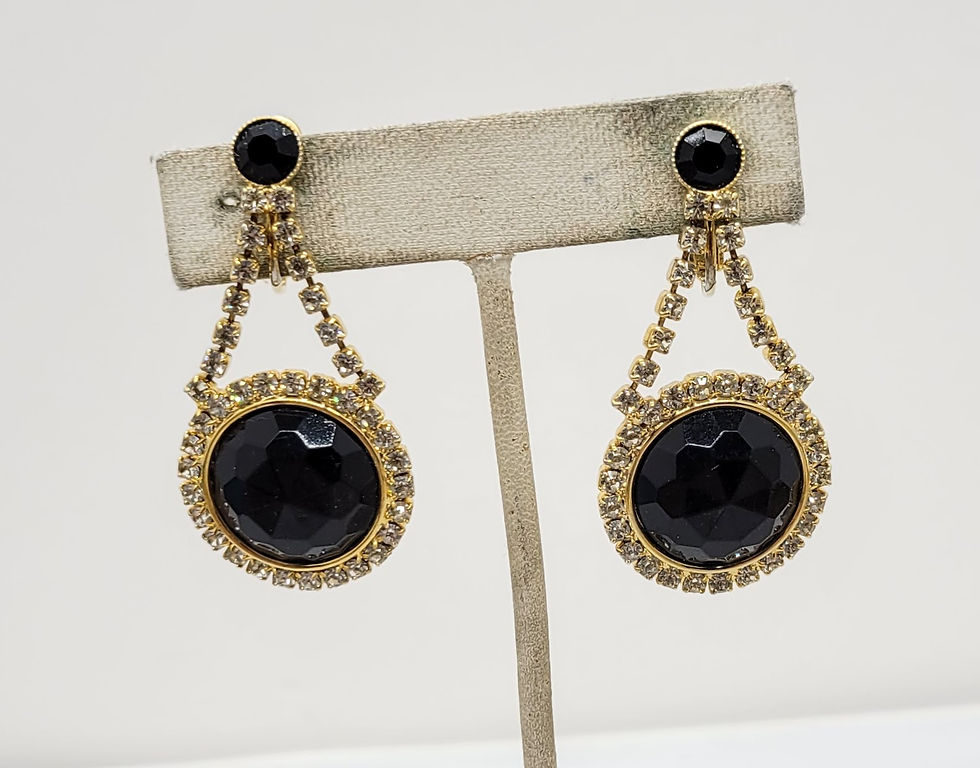 Thumbnail: Vintage 1960s Signed Hobé Faux-Onyx & Clear Rhinestone Pendant Clip Earrings