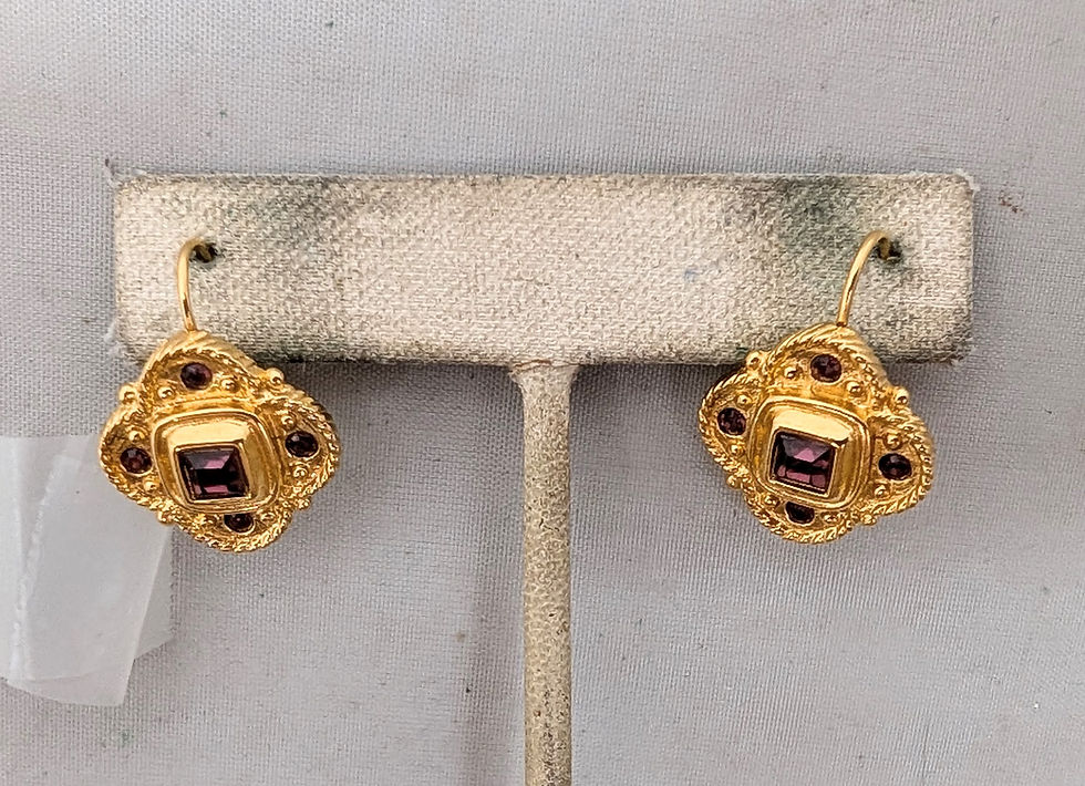 Thumbnail: Vintage 1990 Signed Napier Goldtone Faux-Amethyst Pierced Earrings