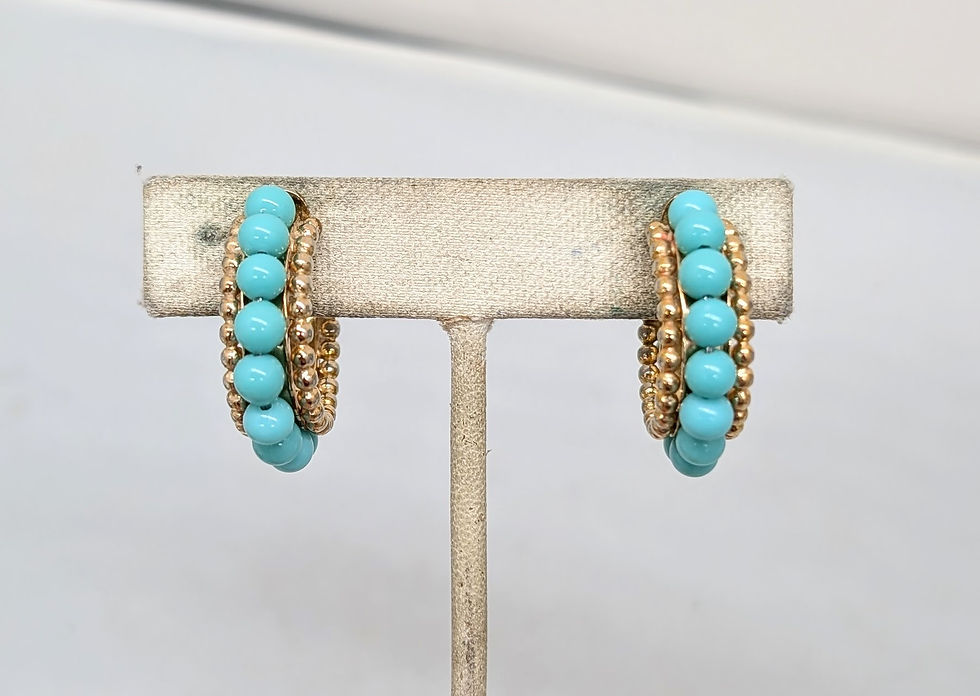 Thumbnail: Vintage 1950s Signed Napier Goldtone Faux-Turquoise Hoop Clip Earrings