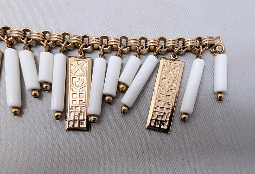 Thumbnail: Vintage 1950s Signed Napier Asian Character & White Beaded Charm Bracelet