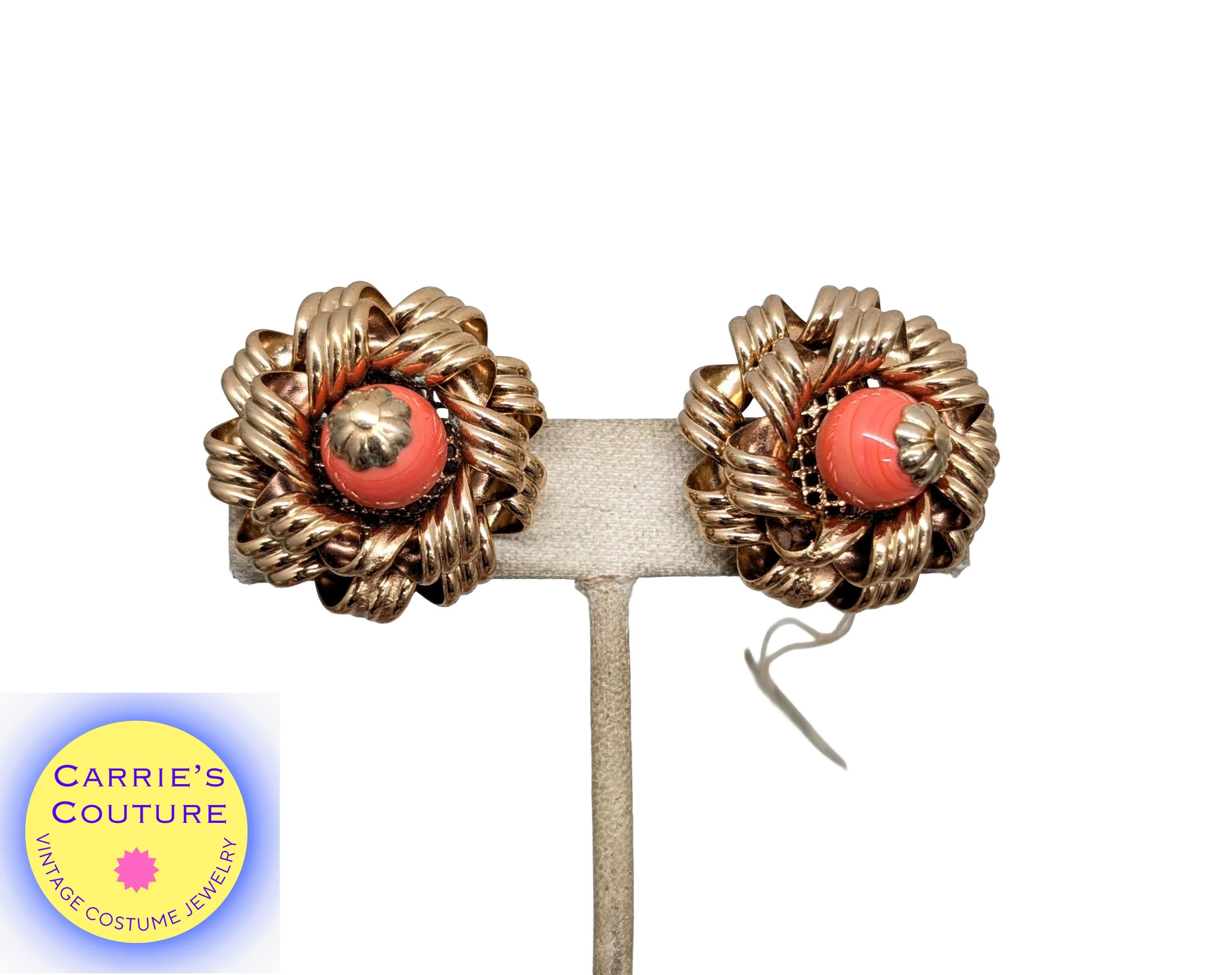 Vintage 1960s Signed Napier Goldtone Faux-Coral Clip Earrings