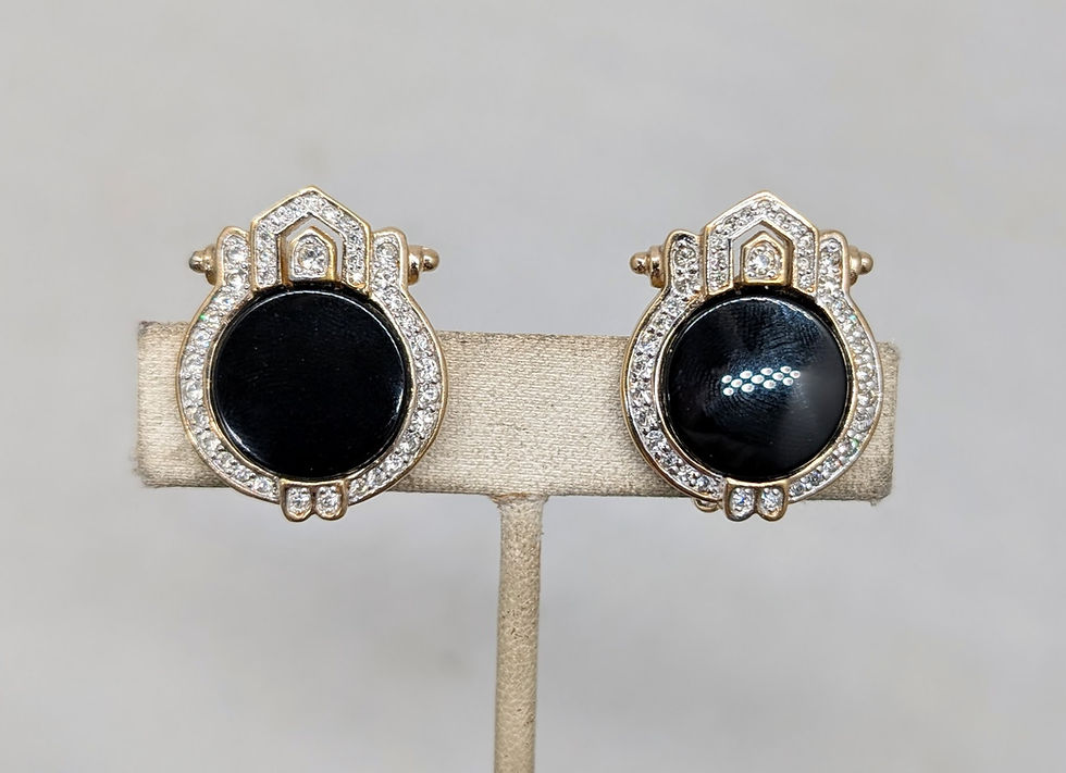 Thumbnail: Vintage 1980s Signed Panetta Faux-Onyx Pavé Clear Rhinestone Clip Earrings