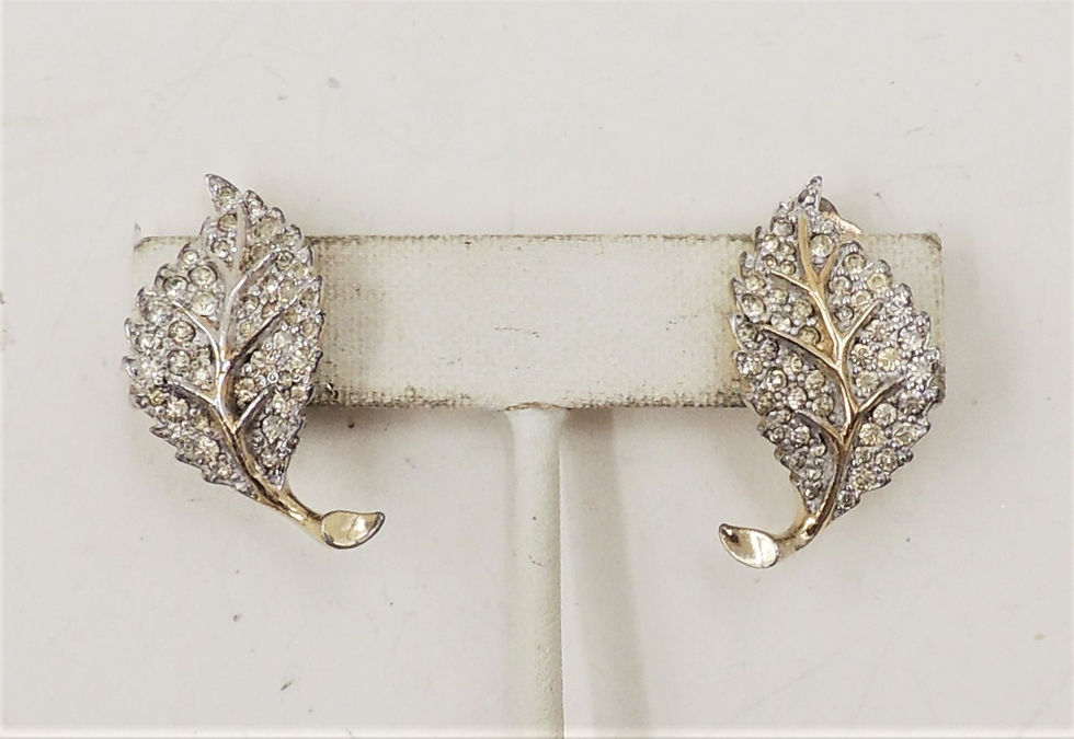 Thumbnail: Vintage 1960s Signed Jomaz Pave Clear Rhinestone Leaf Clip Earrings