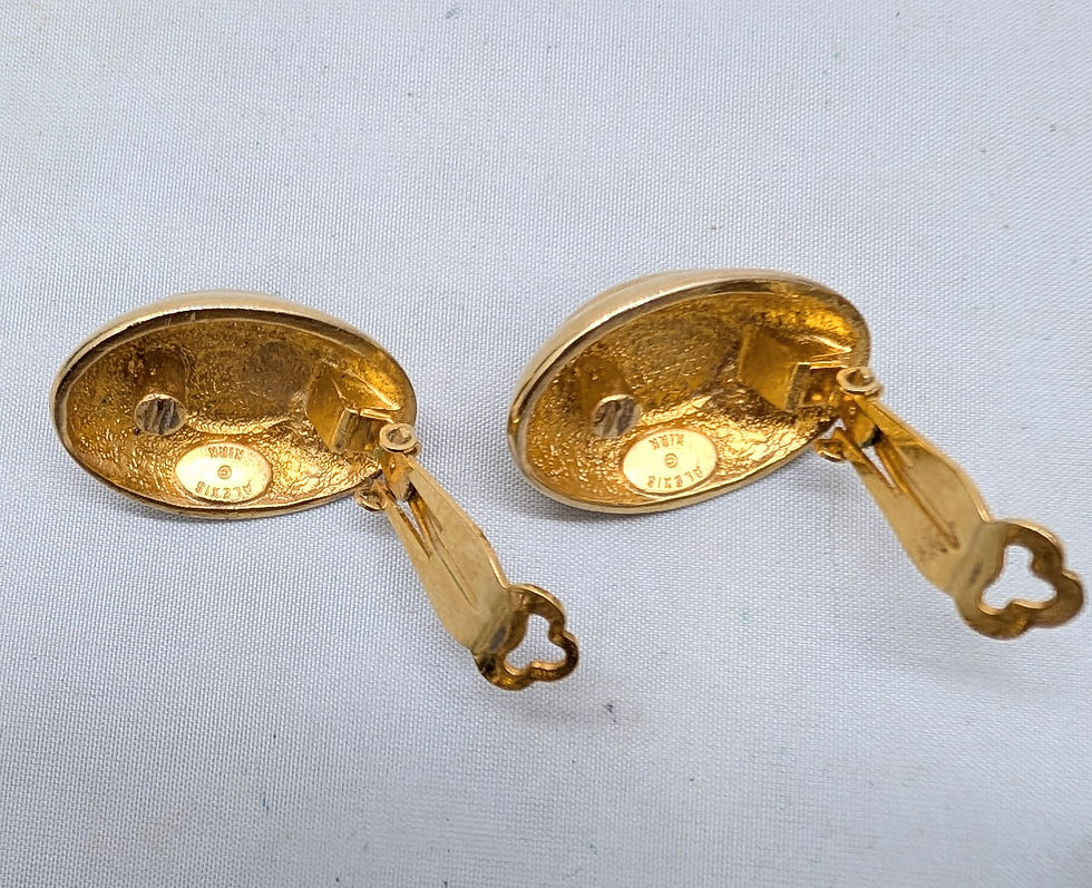 Thumbnail: Vintage Signed Alexis Kirk Oval Goldtone Faux-Tiger's Eye Clip Earrings