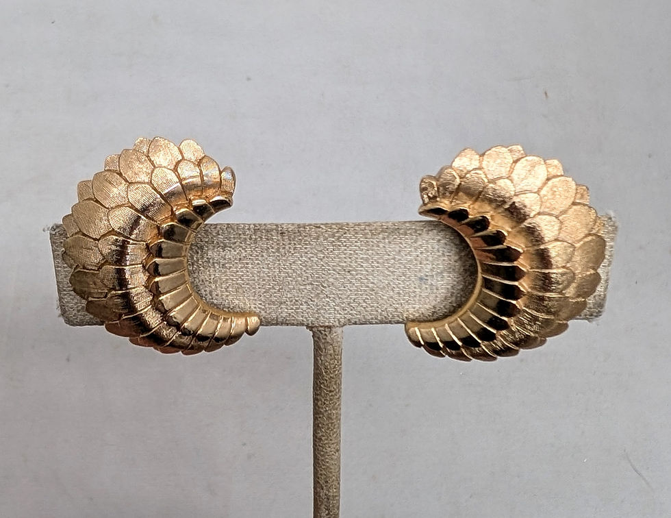 Thumbnail: Vintage 1950s Signed Crown Trifari Goldtone Scaled Half Moon Clip Earrings