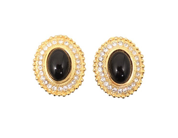 Vintage 1980s Signed Alexis Kirk Oval Goldtone Faux-Onyx Cabochon Clip Earrings