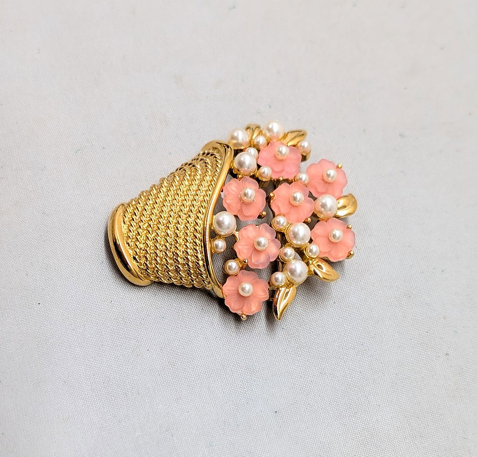 Thumbnail: Vintage 1980s Signed Napier Pink Rhinestone Flowers Faux-Pearls in a Basket Pin