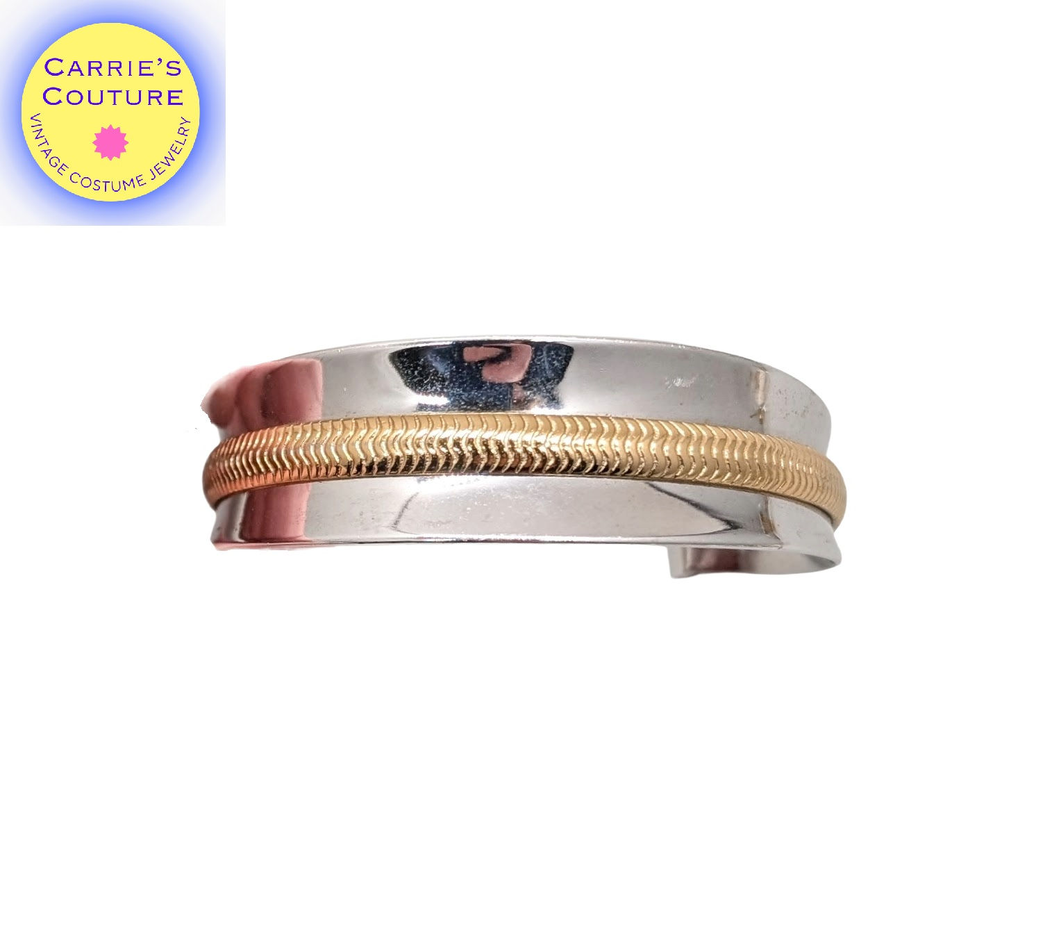 Vintage 1975 Signed Napier Goldtone Rhodium Plated Goldtone Stripe Cuff Bracelet