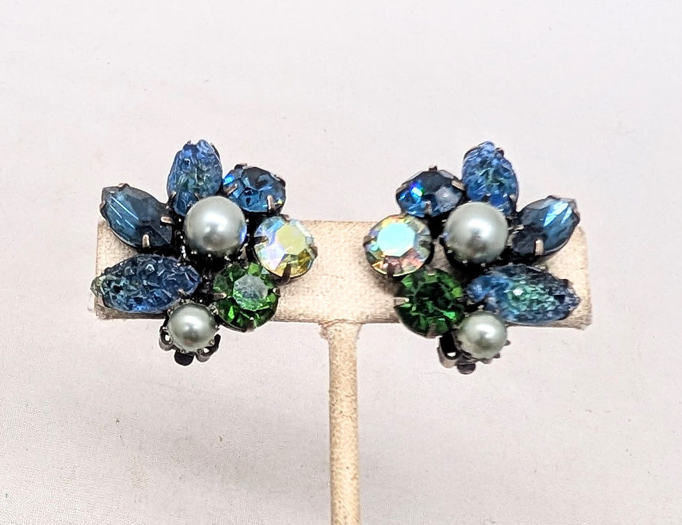 Thumbnail: Vintage Signed Kramer Blue & Green Rhinestone & Grey Faux-Pearl Clip Earrings