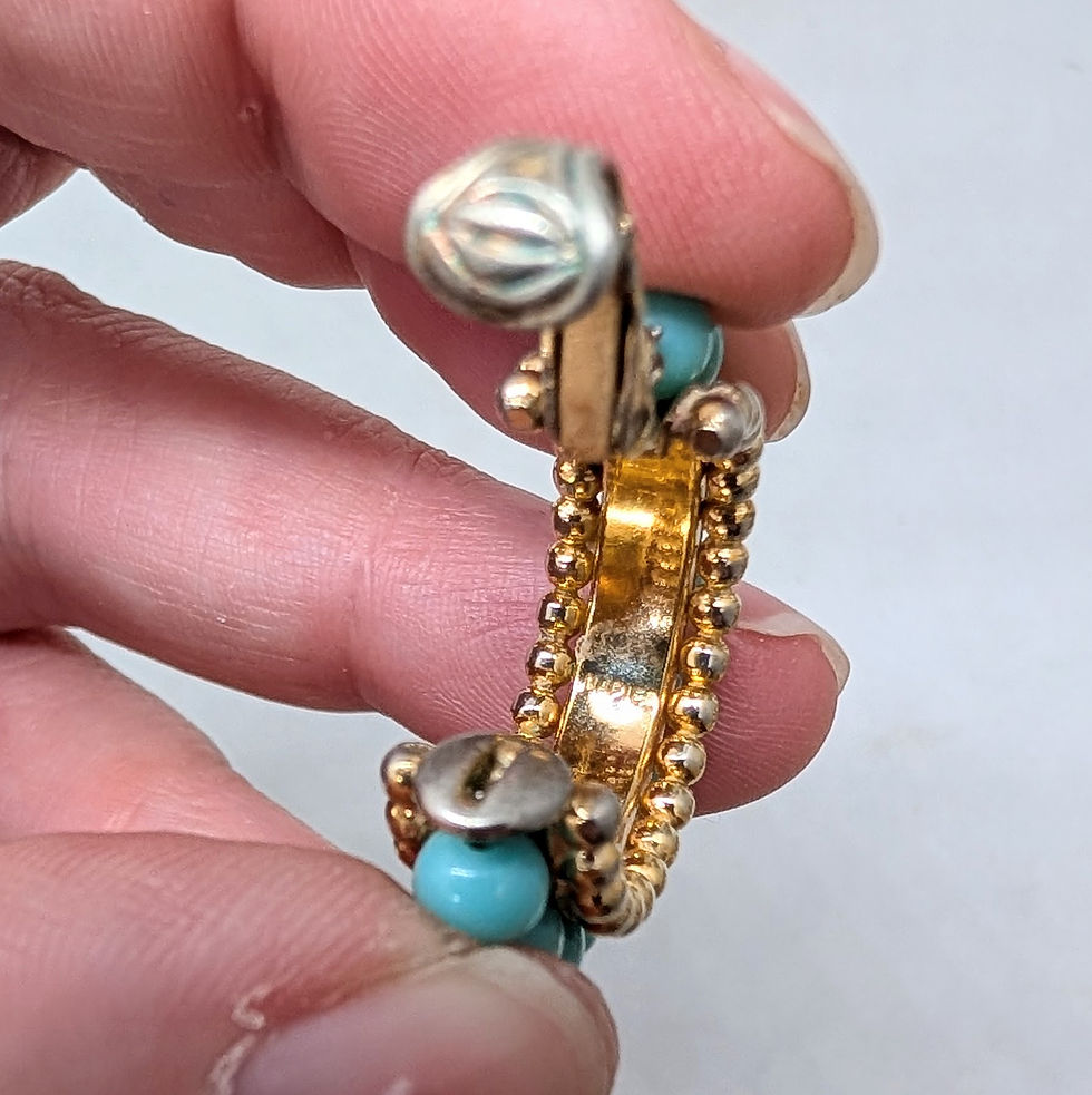Thumbnail: Vintage 1950s Signed Napier Goldtone Faux-Turquoise Hoop Clip Earrings