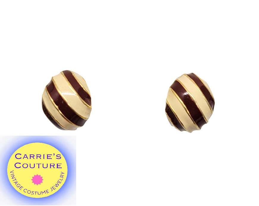 Vintage 1970s Signed Bijoux Cascio Italy Striped Enamel Clip Earrings