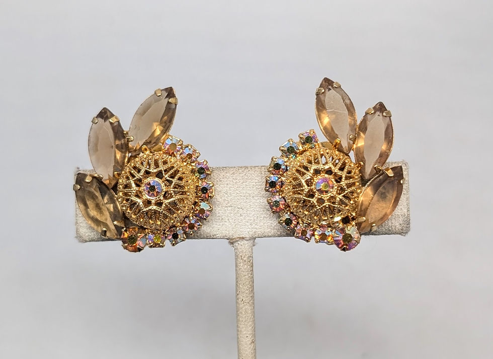 Thumbnail: Vintage Delizza & Elster Filigree Faux-Topaz & Aurora Borealis Clip Earrings