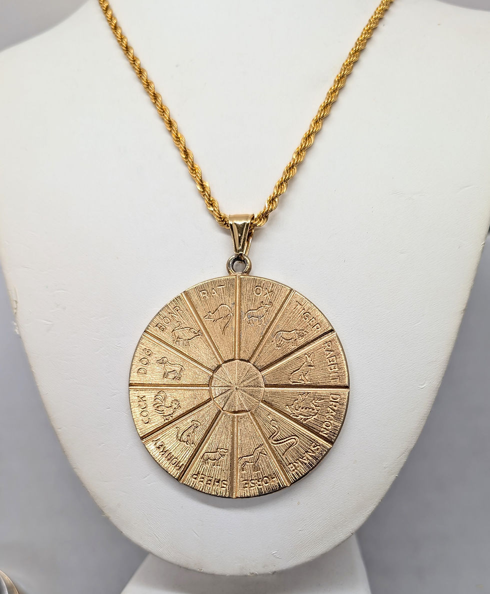 Thumbnail: Vintage 1970s Signed Napier Goldtone Round Horoscope Pendant Necklace