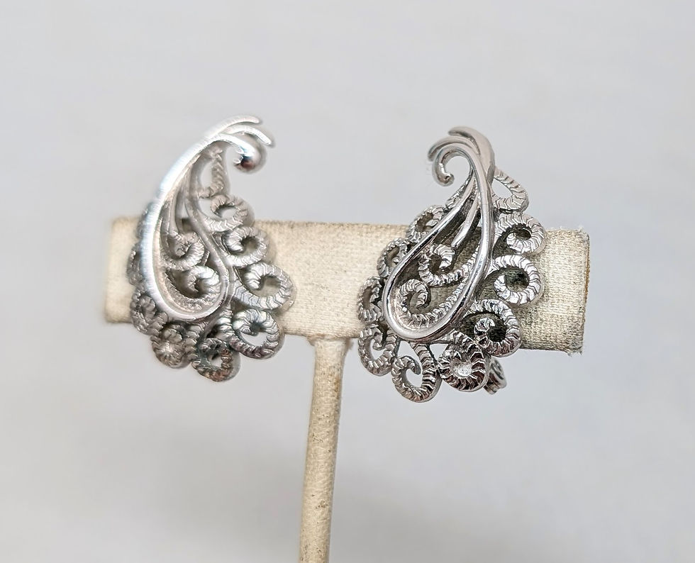 Thumbnail: Vintage 1960s Signed Monet Rhodium Plated Filigree Clip Earrings