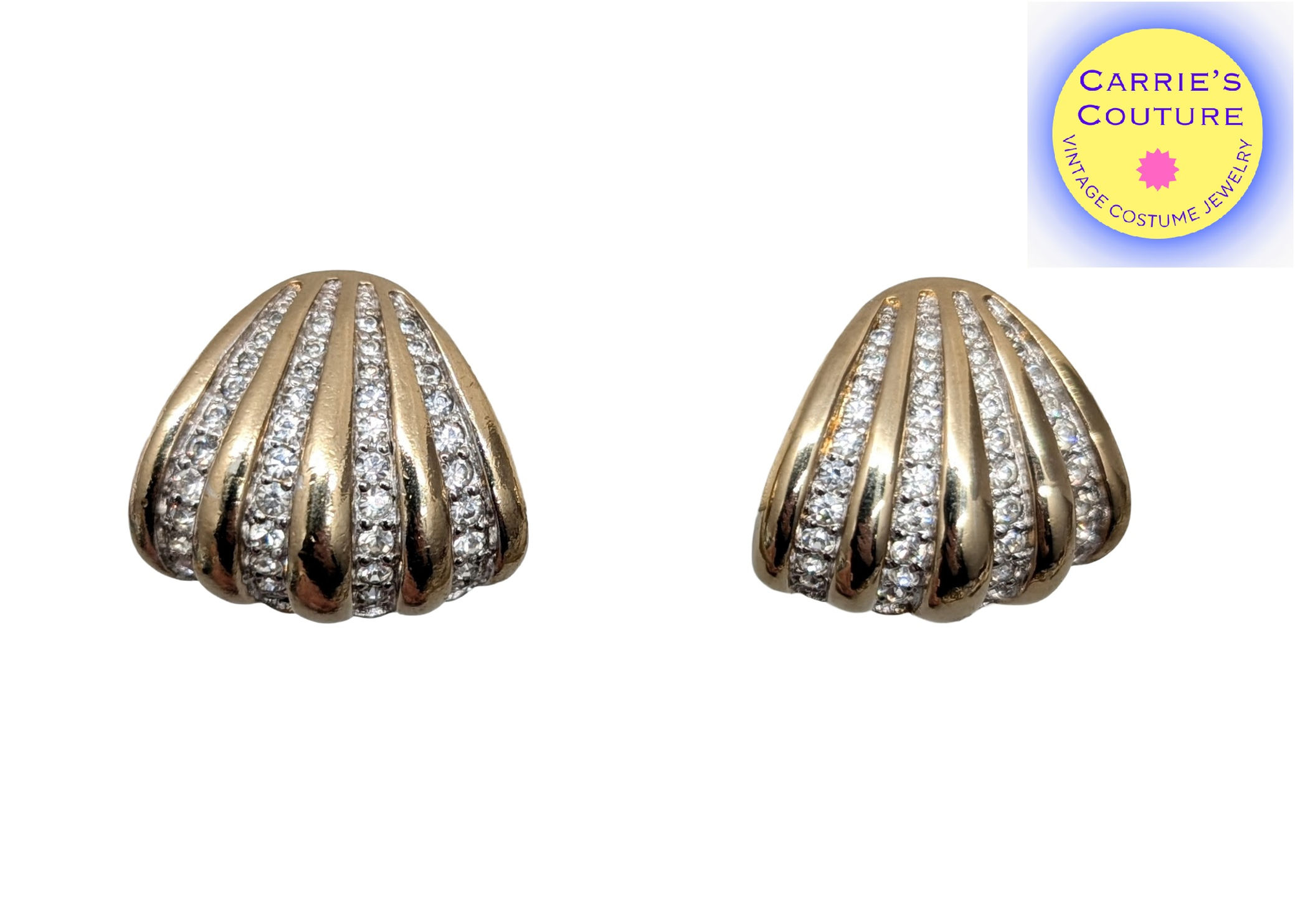 Vintage 1980s Signed Panetta Goldtone Clear Rhinestone Clip Earrings
