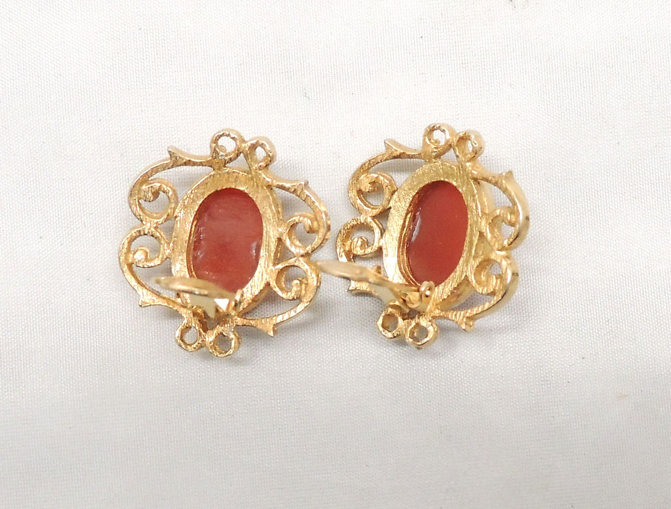 Thumbnail: Vintage 1960s Signed DeNicola Cabochon Faux-Carnelian Clip Earrings