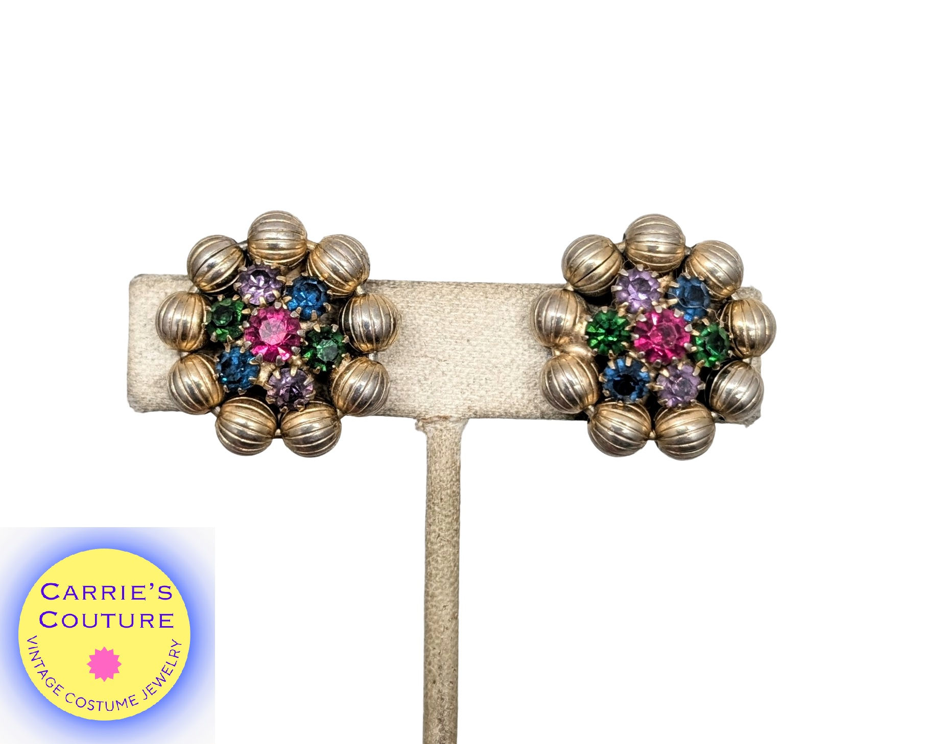 Vintage 1960s Signed Weiss Faux-Ruby, Amethyst, Sapphire & Emerald Clip Earrings