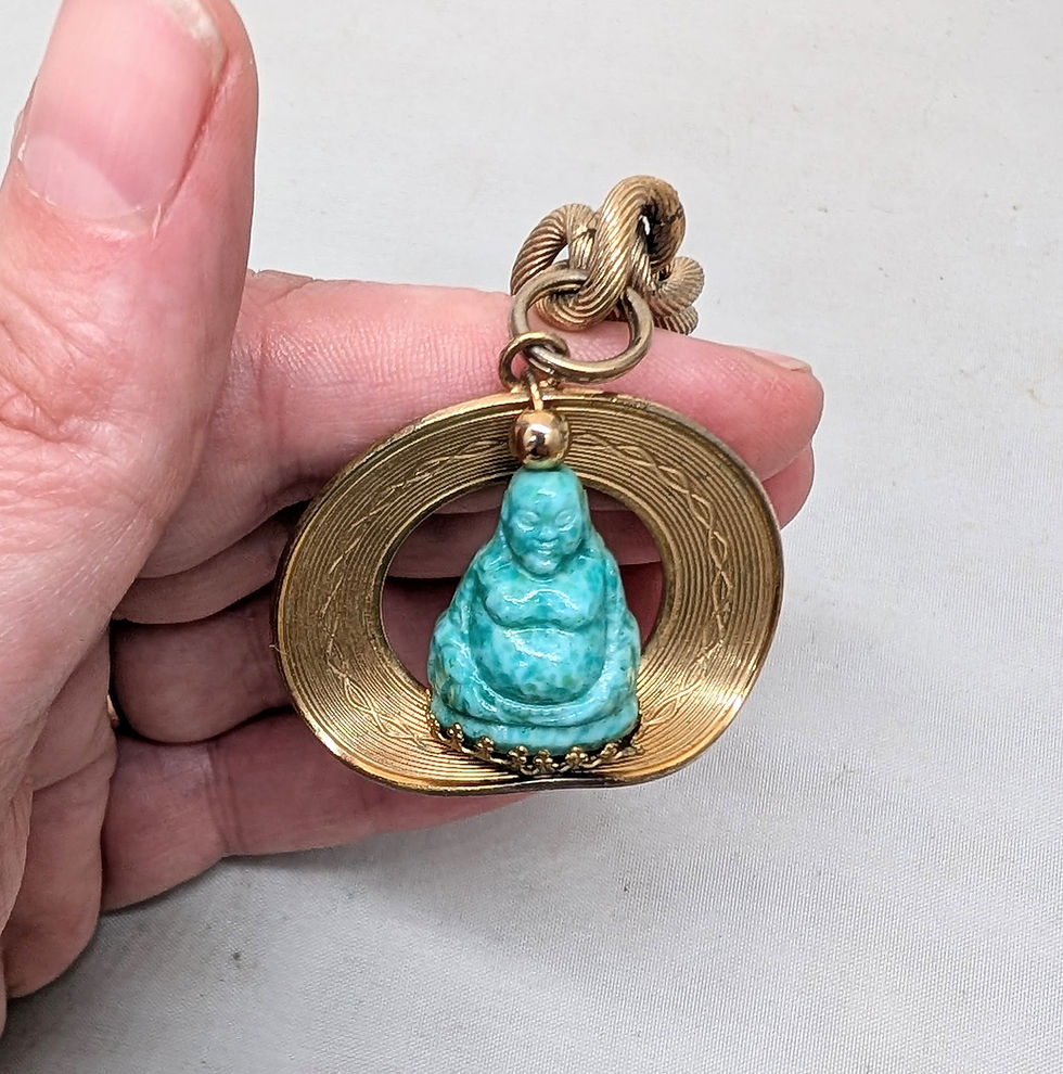 Thumbnail: Vintage 1950s Signed Napier Goldtone Carved Faux-Jade Buddha Charm Bracelet