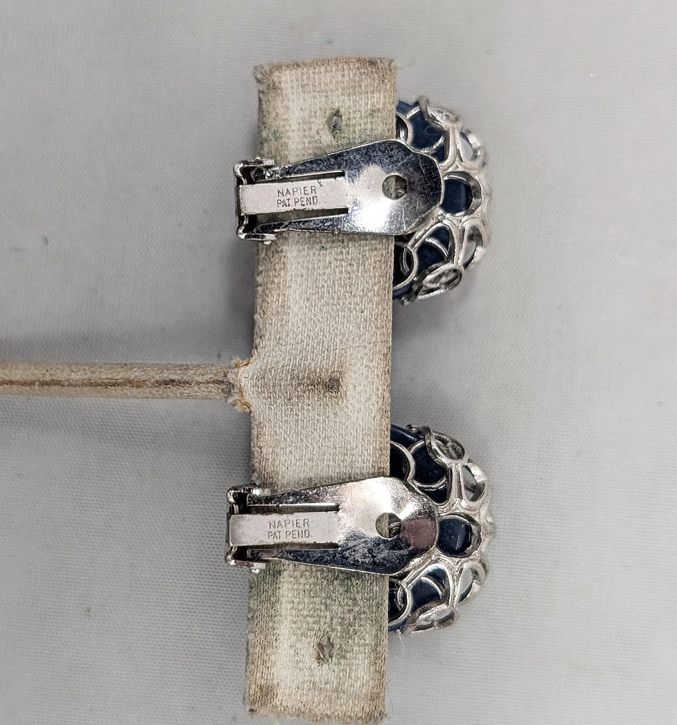 Thumbnail: Vintage 1950s Signed Napier Rhodium Plated Blue Moonglow Clip Earrings