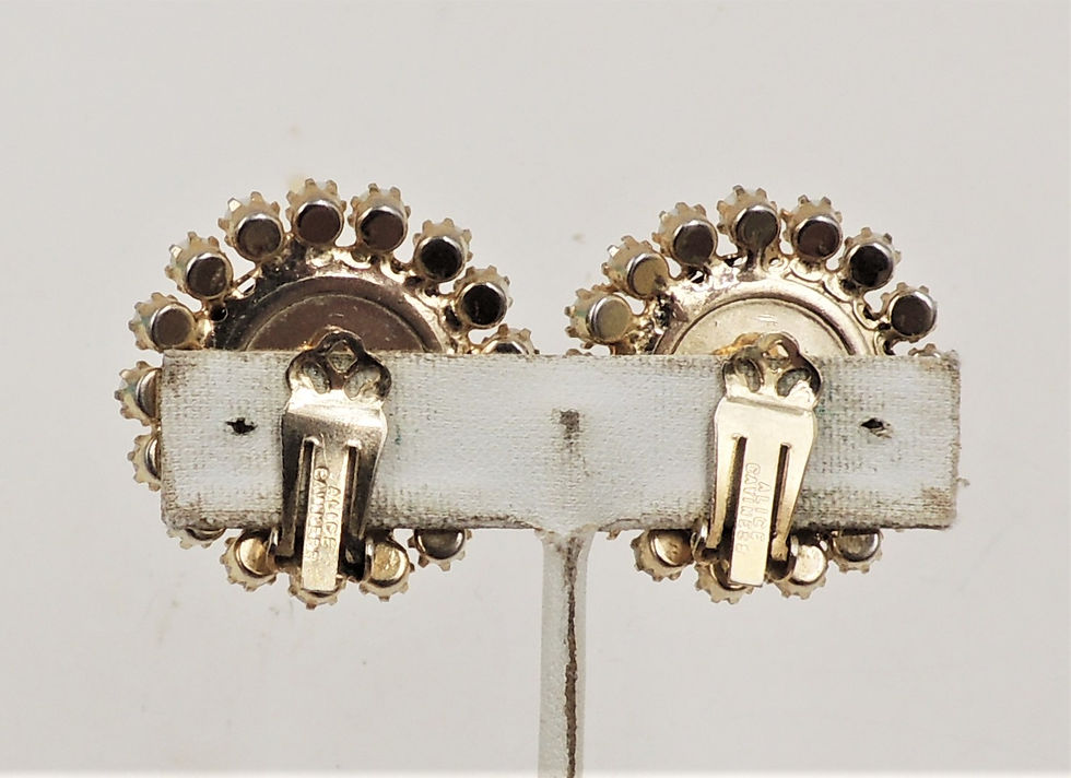 Thumbnail: Vintage 1960s Signed Alice Caviness Faux-Hematite Carved Flower Clip Earrings