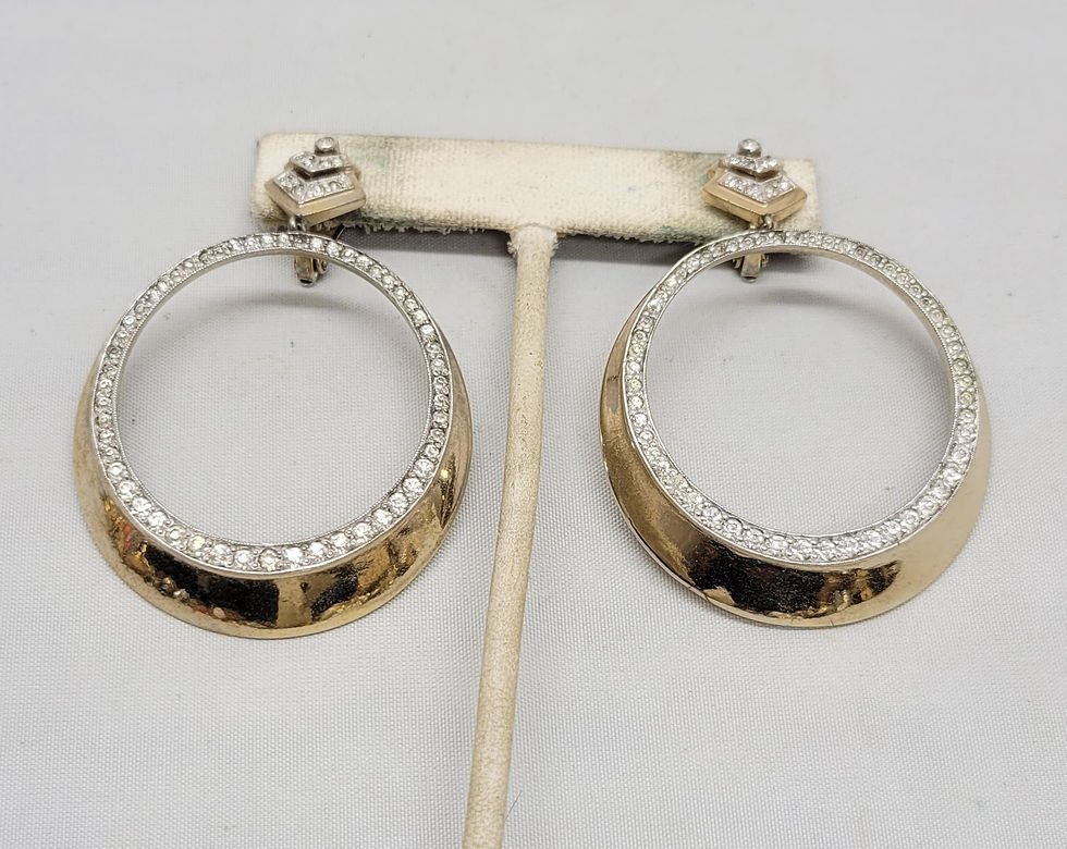 Thumbnail: Vintage Signed Jomaz Goldtone & Clear Rhinestone Hoop Clip Earrings
