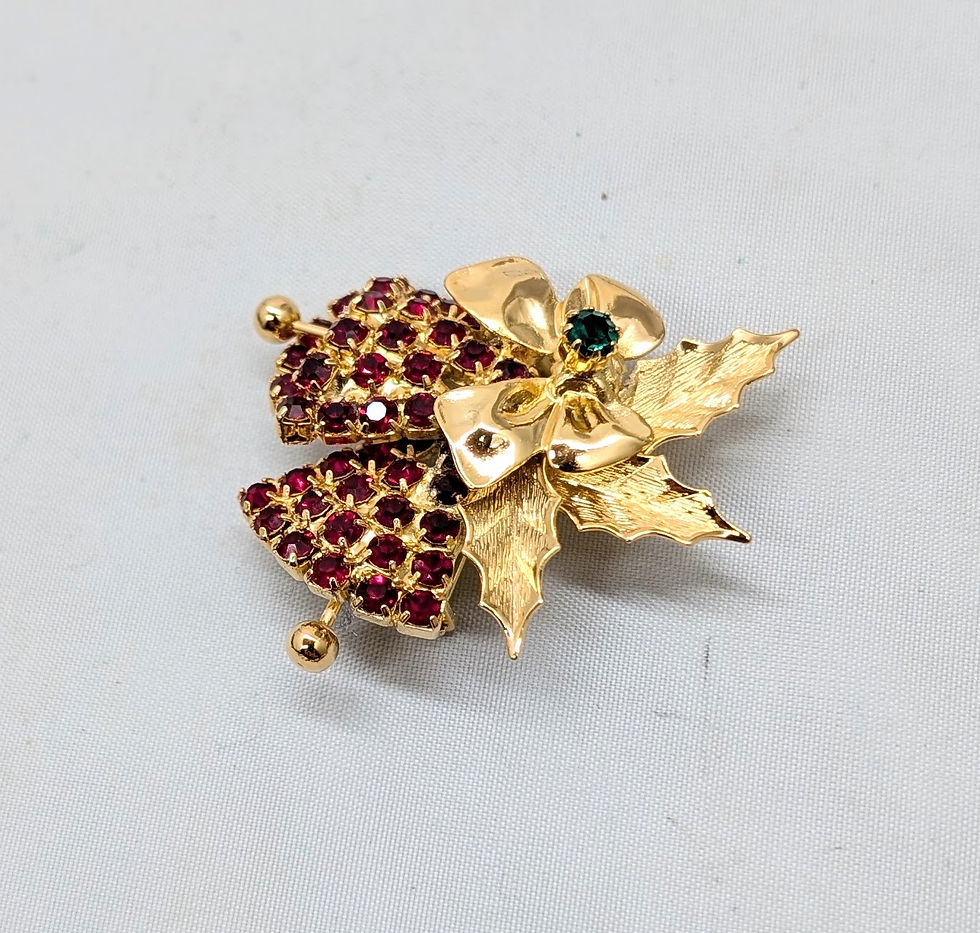Thumbnail: Vintage 1960s Signed Hobe Goldtone Faux-Garnet & Emerald Bells Brooch
