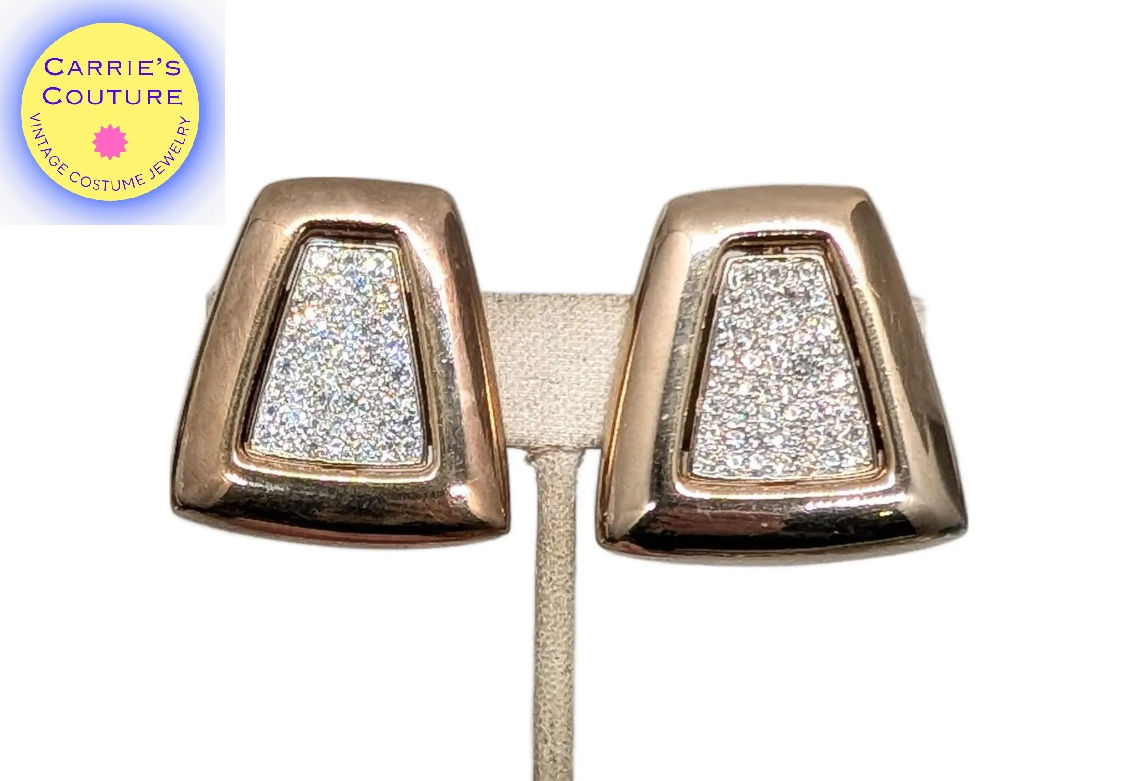 Vintage 1980s Signed Panetta Goldtone Pavé Clear Rhinestone Clip Earrings