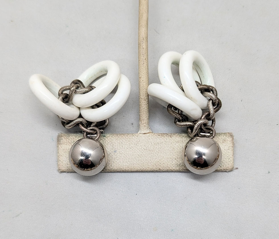 Thumbnail: Vintage 1950s Signed Napier Silvertone White Resin Hoop Drops Clip Earrings