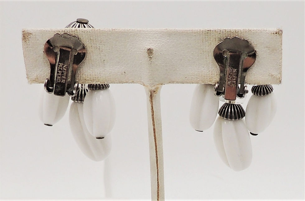 Thumbnail: 1950s Napier Silvertone White Resin Beaded Earrings