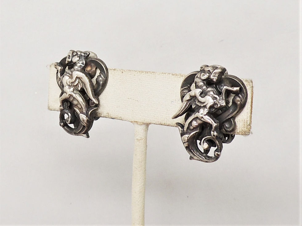 Thumbnail: Vintage Signed Napier Book Piece Silvertone Griffin Earrings, 1972