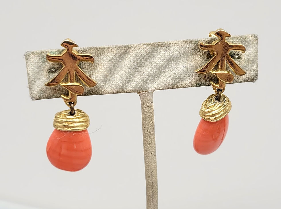 Thumbnail: Vintage 1960s Signed Trifari Asian Style Faux-Coral Drop Clip Earrings