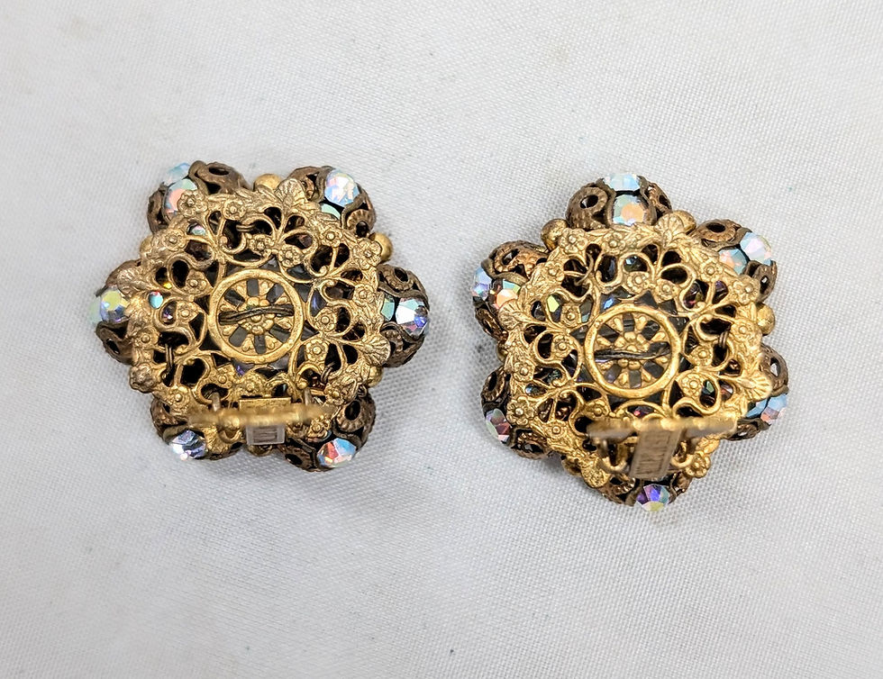 Thumbnail: Vintage Signed Joseph Morton Auora Borealis Clip Earrings