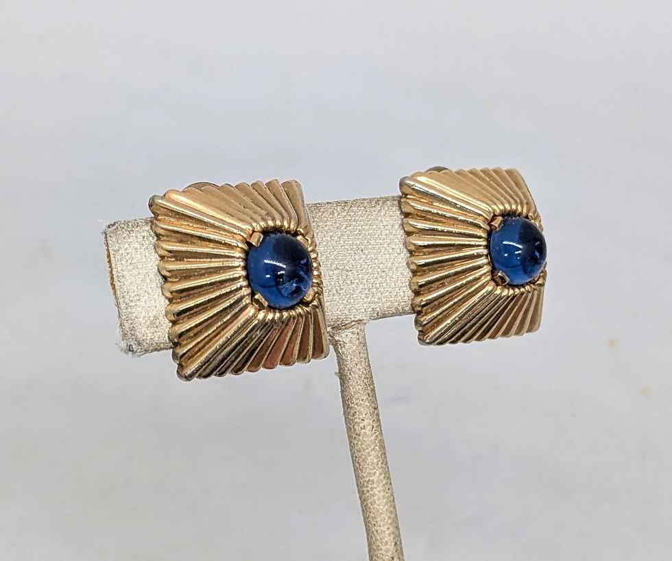Thumbnail: Vintage Signed Mazer Square Goldtone Ribbed Cabochon Faux-Sapphire Clip Earrings