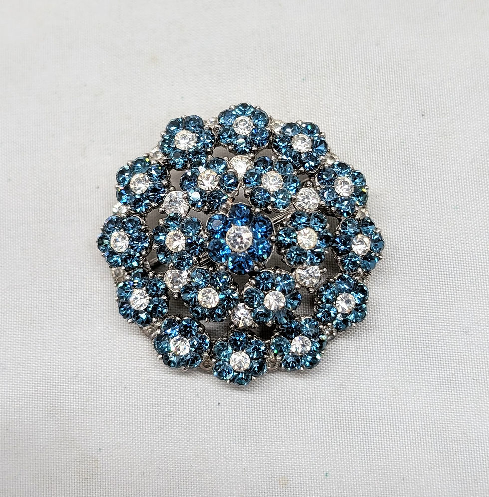 Thumbnail: Vintage Signed Crown Trifari Faux-Sapphire & Clear Rhinestone Flower Brooch